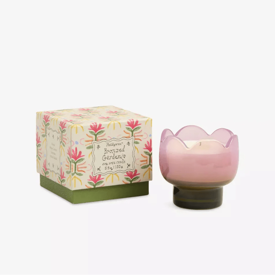Rose & Lee Co Tulip Purple Glass Candle, Bronzed Gardenia Candles