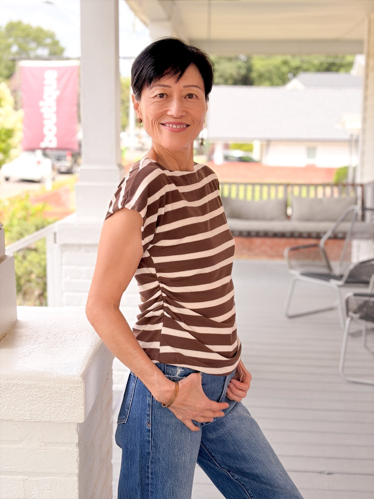 Rose & Lee Co Kari Top, Brown/White Stripe short sleeve