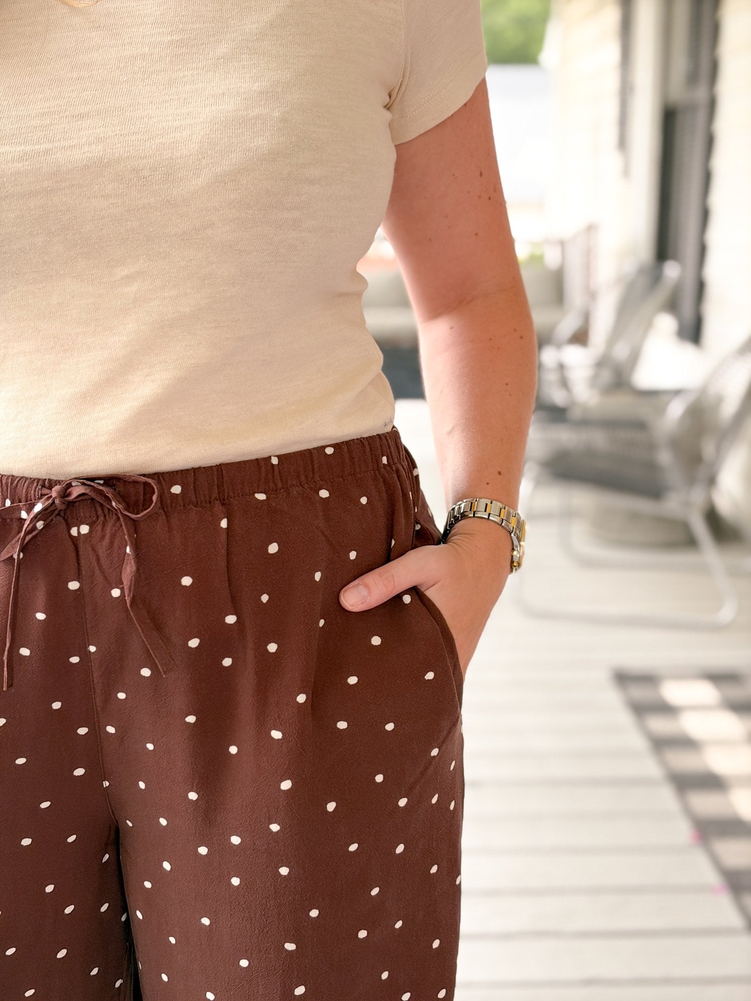 Rose & Lee Co Lucy Pants, Chocolate Polka Dot by Marine Layer Pants