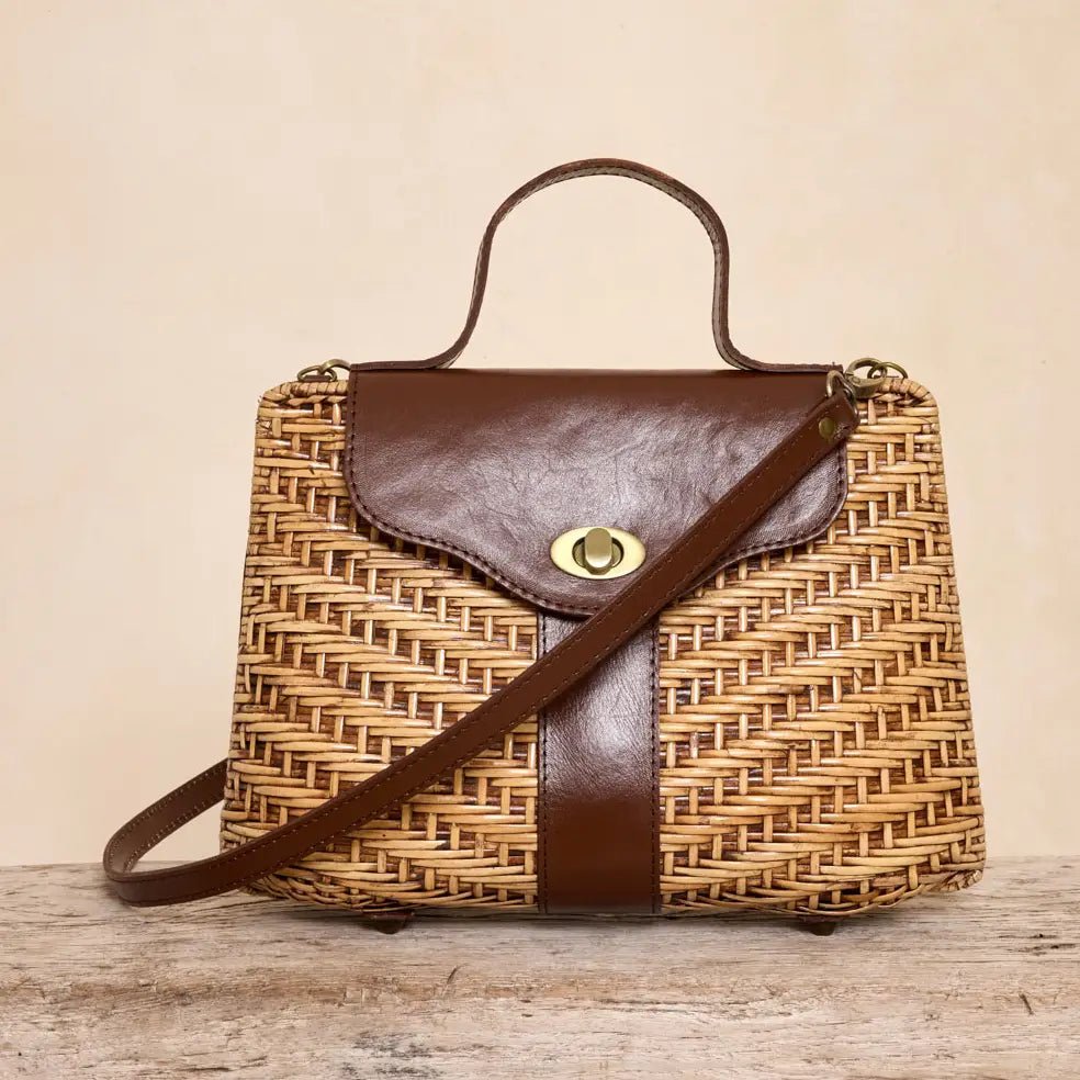 Rose & Lee Co Strap Rattan Handbag Crossbody, Dark Brown Leather Bags