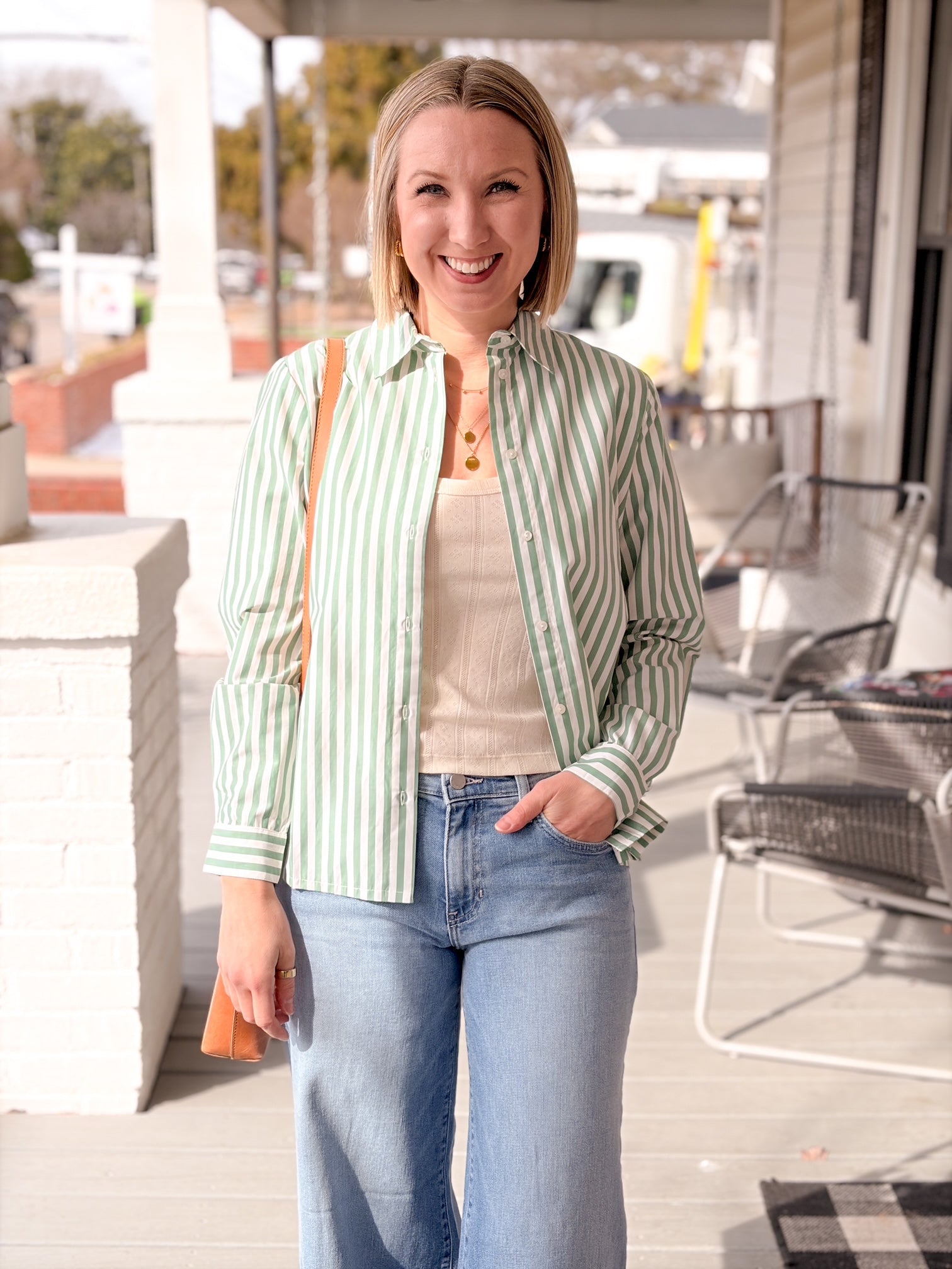 Green Striped Long Sleeve Collared Top