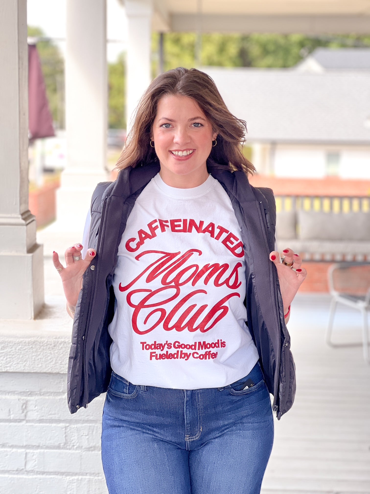 Caffeinated Moms Club Red and White Graphic Tee