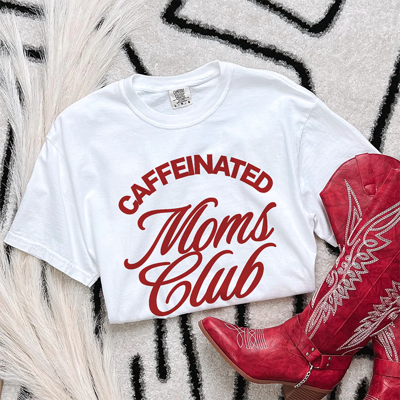Caffeinated Moms Club Red and White Graphic Tee