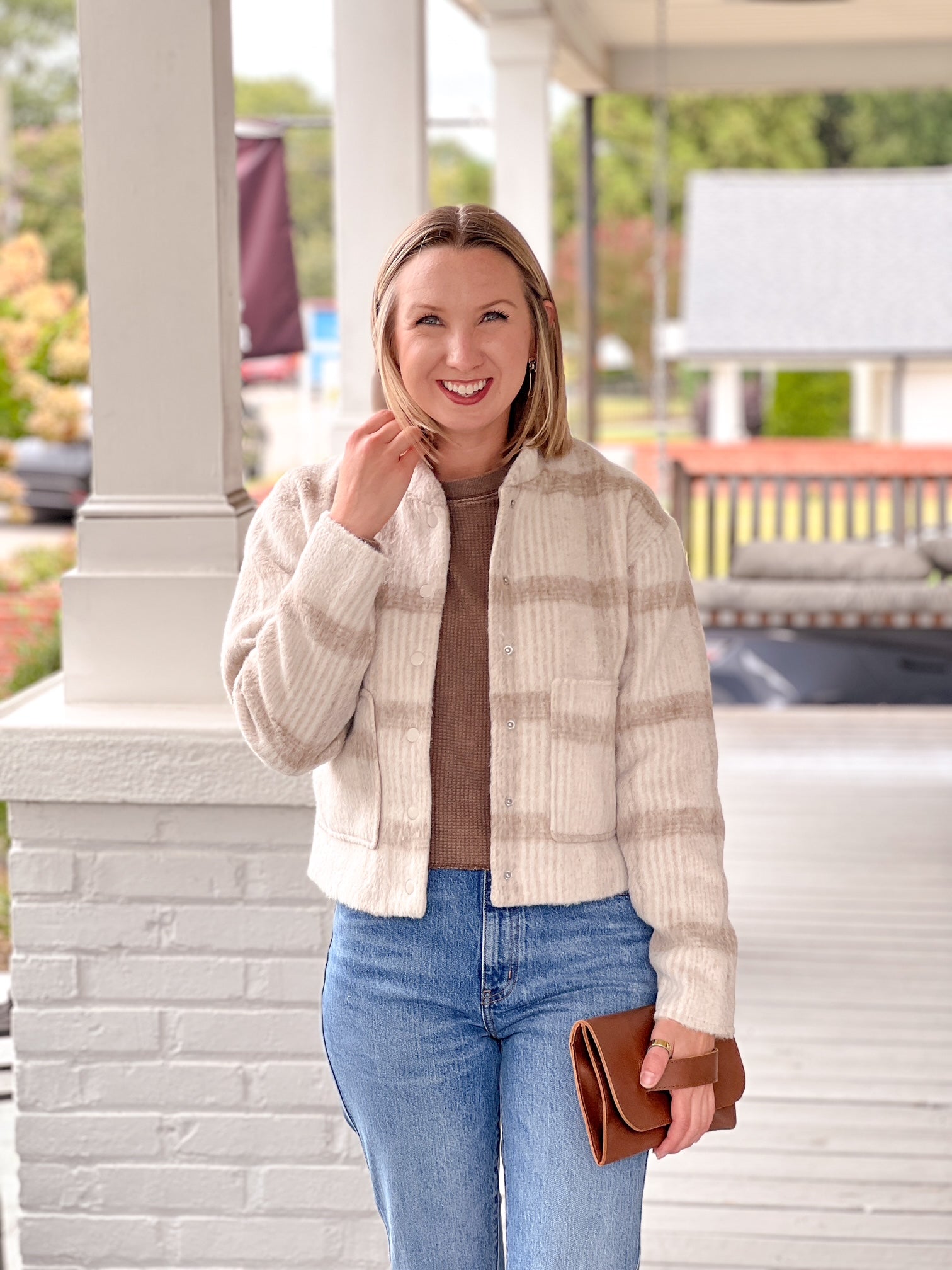 ivory jacket with light brown plaid
