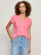 Pink Split Neck Short Sleeve Top