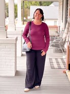 Burgundy Textured Crew Neckline Long Sleeve Top 