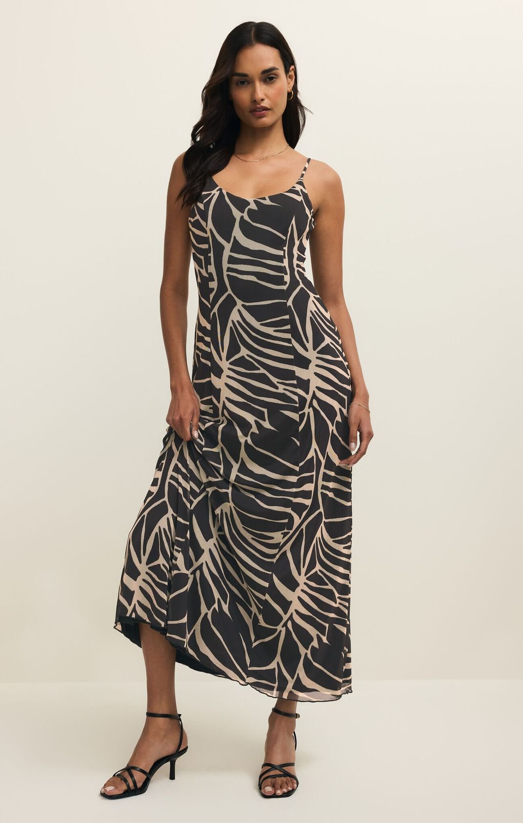 Black Palm Print Sleeveless Maxi Dress