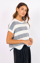 Navy/Ivory Striped Short Sleeve Sweater Top