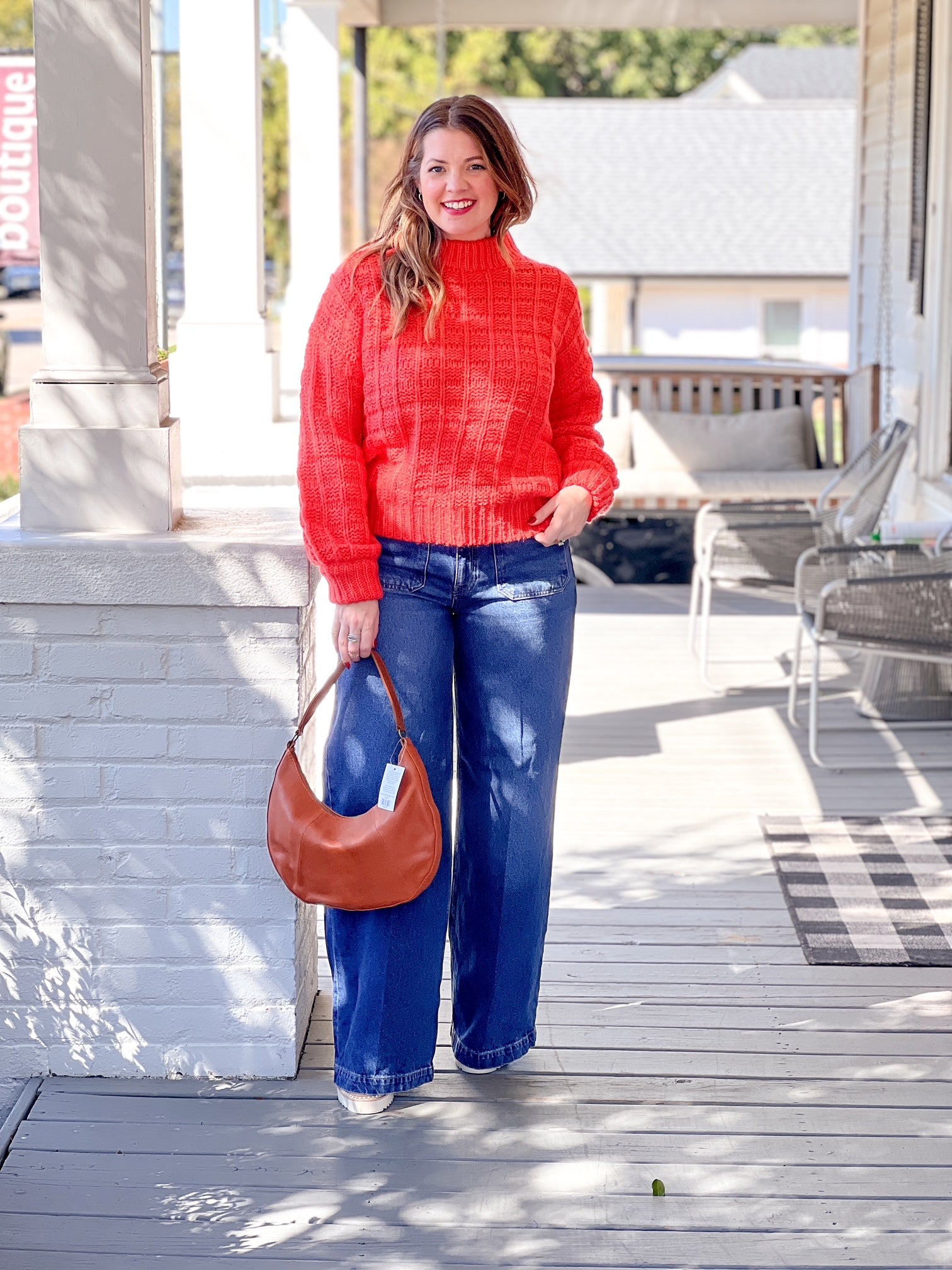 orange sweater with mock neck