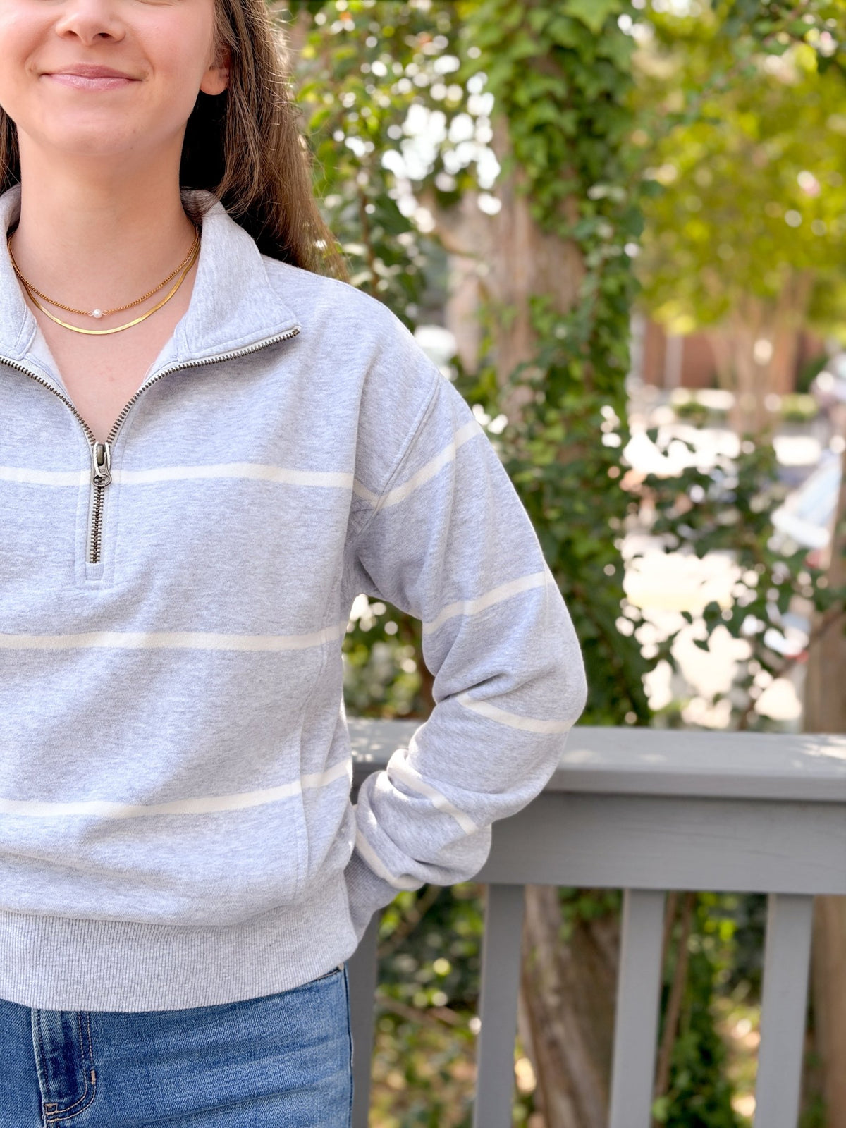 Rose & Lee Co Cloud 9 Half Zip Sweatshirt, Heather Grey/Cream Stripe by Marine Layer Sweatshirt & Hoodies