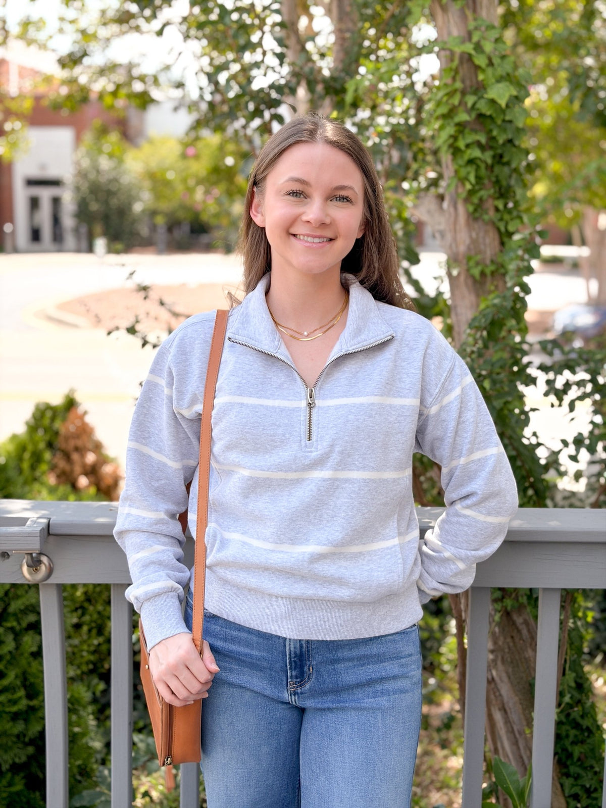 Rose & Lee Co Cloud 9 Half Zip Sweatshirt, Heather Grey/Cream Stripe by Marine Layer Sweatshirt & Hoodies