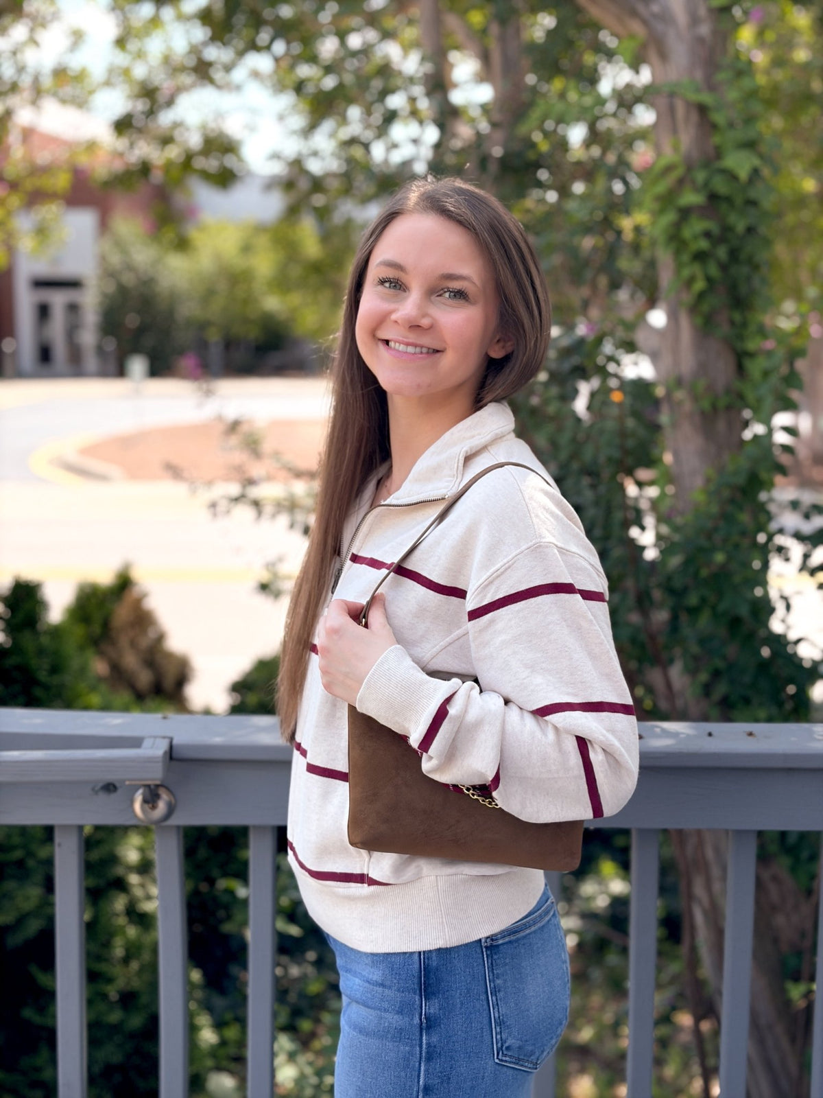Rose & Lee Co Cloud 9 Half Zip Sweatshirt, Oatmeal/Cabernet Stripe by Marine Layer Sweatshirt & Hoodies