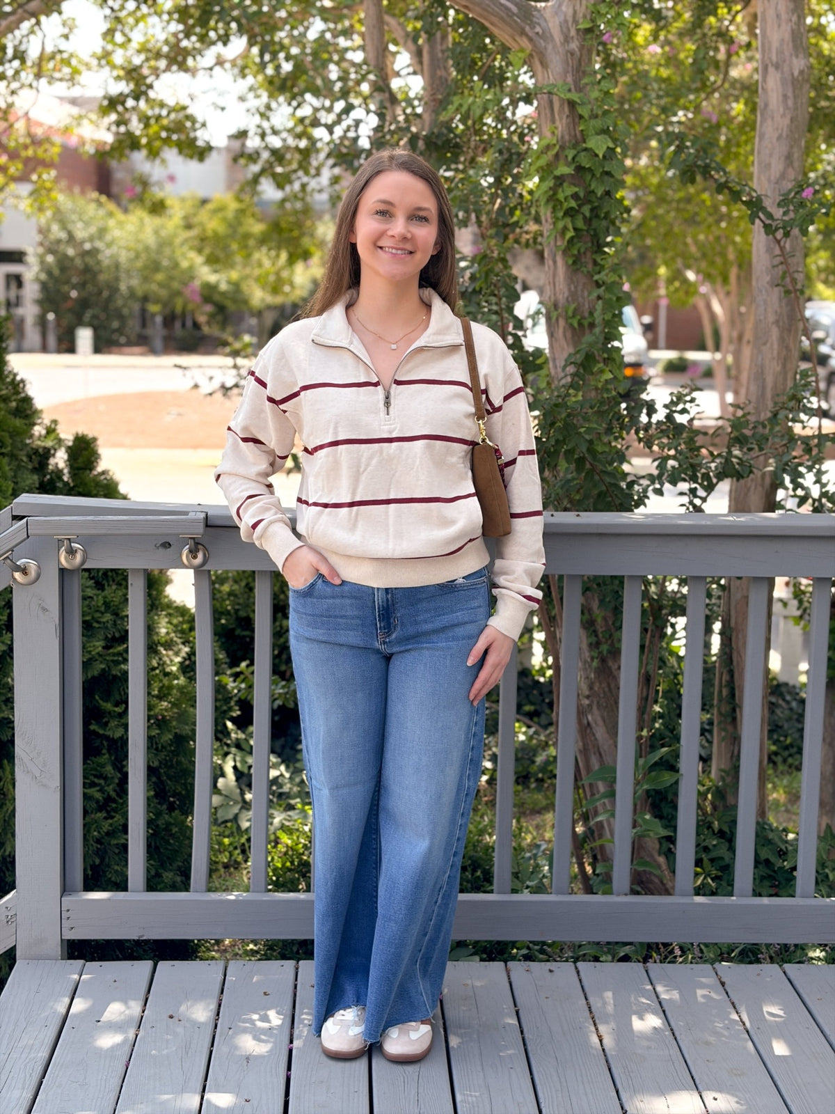 Rose & Lee Co Cloud 9 Half Zip Sweatshirt, Oatmeal/Cabernet Stripe by Marine Layer Sweatshirt & Hoodies