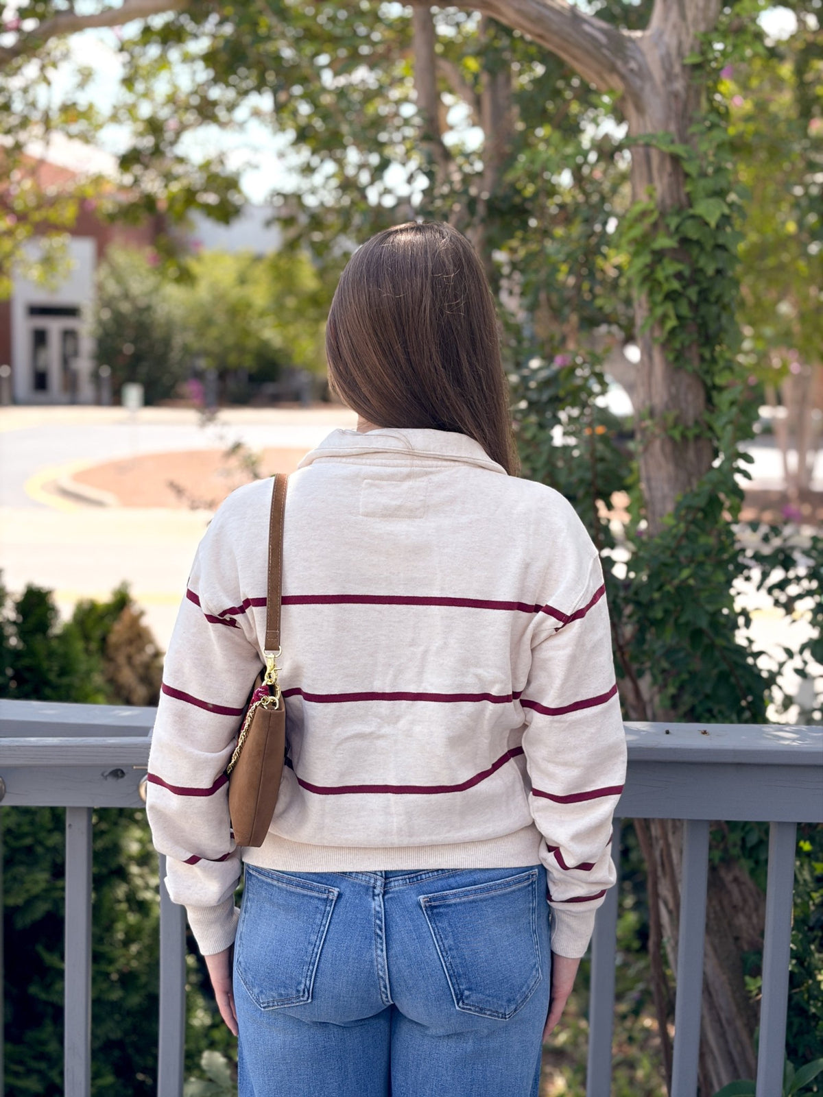 Rose & Lee Co Cloud 9 Half Zip Sweatshirt, Oatmeal/Cabernet Stripe by Marine Layer Sweatshirt & Hoodies