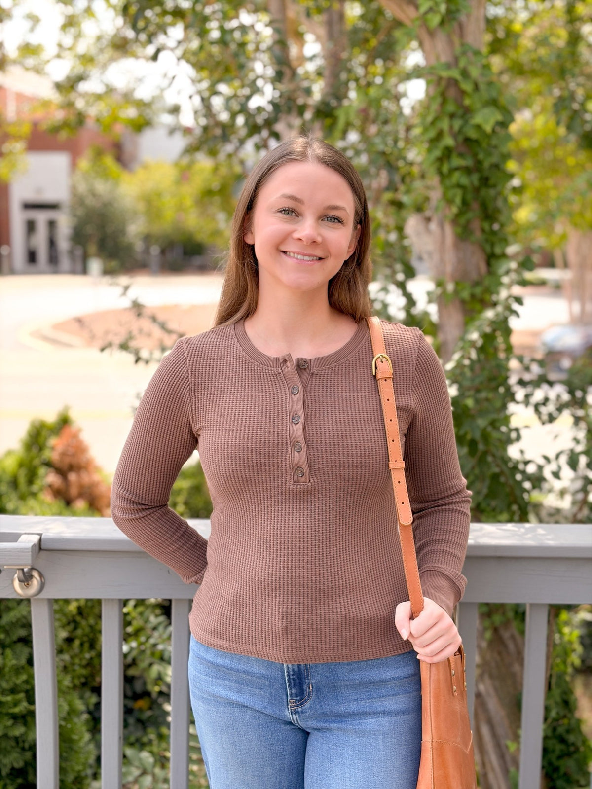 Rose & Lee Co Coastal Henley Top, Dark Mocha by Project Social T Long Sleeve