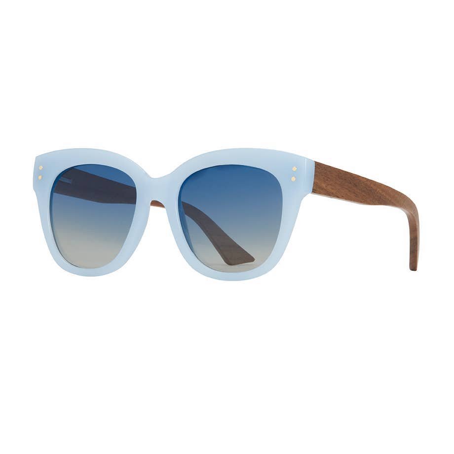 Rose & Lee Co Cora Sunglasses, Milky Blue + Walnut Wood + Gradient Brown Accessories