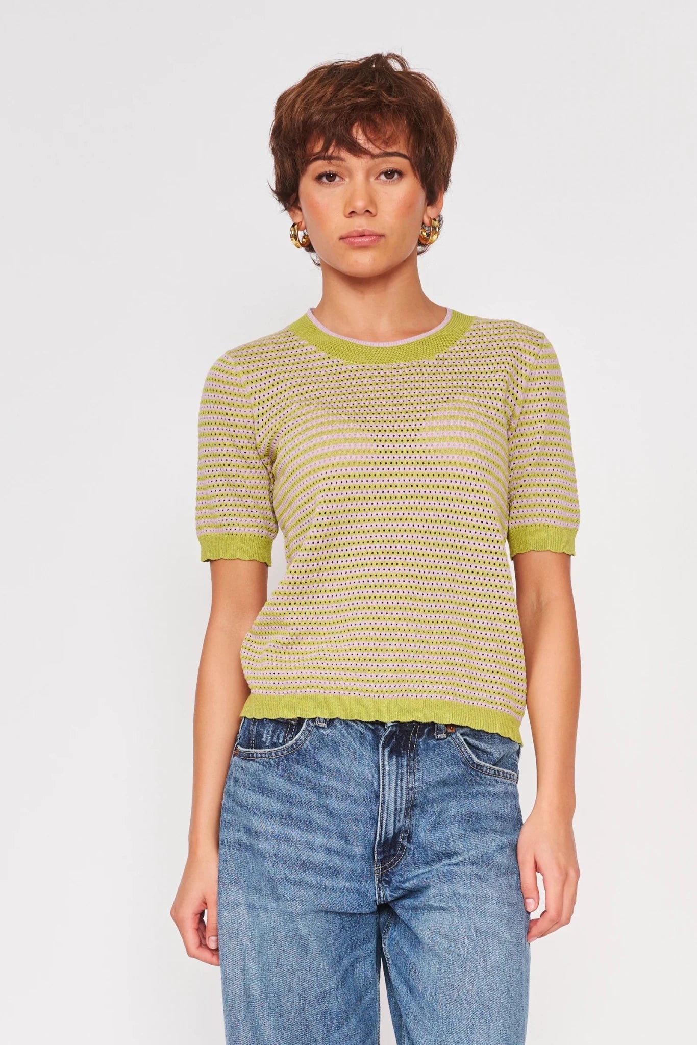 Rose & Lee Co Cora Top, Lavender/Lime Stripe by dRA short sleeve