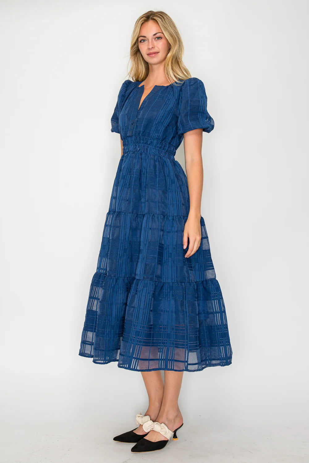 Navy Windowpane Midi Length Dress