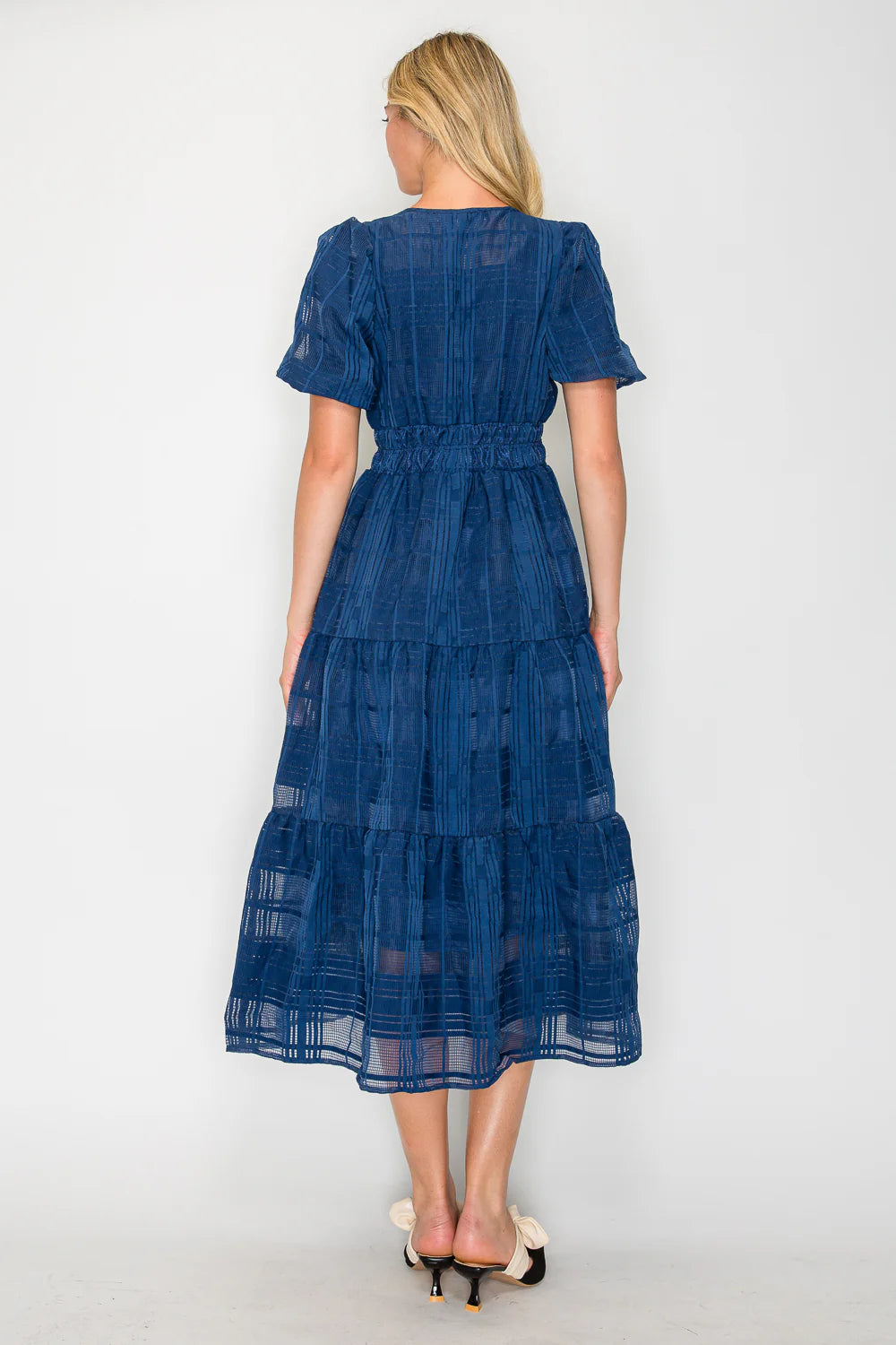 Navy Windowpane Midi Length Dress