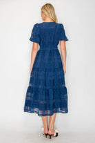 Navy Windowpane Midi Length Dress