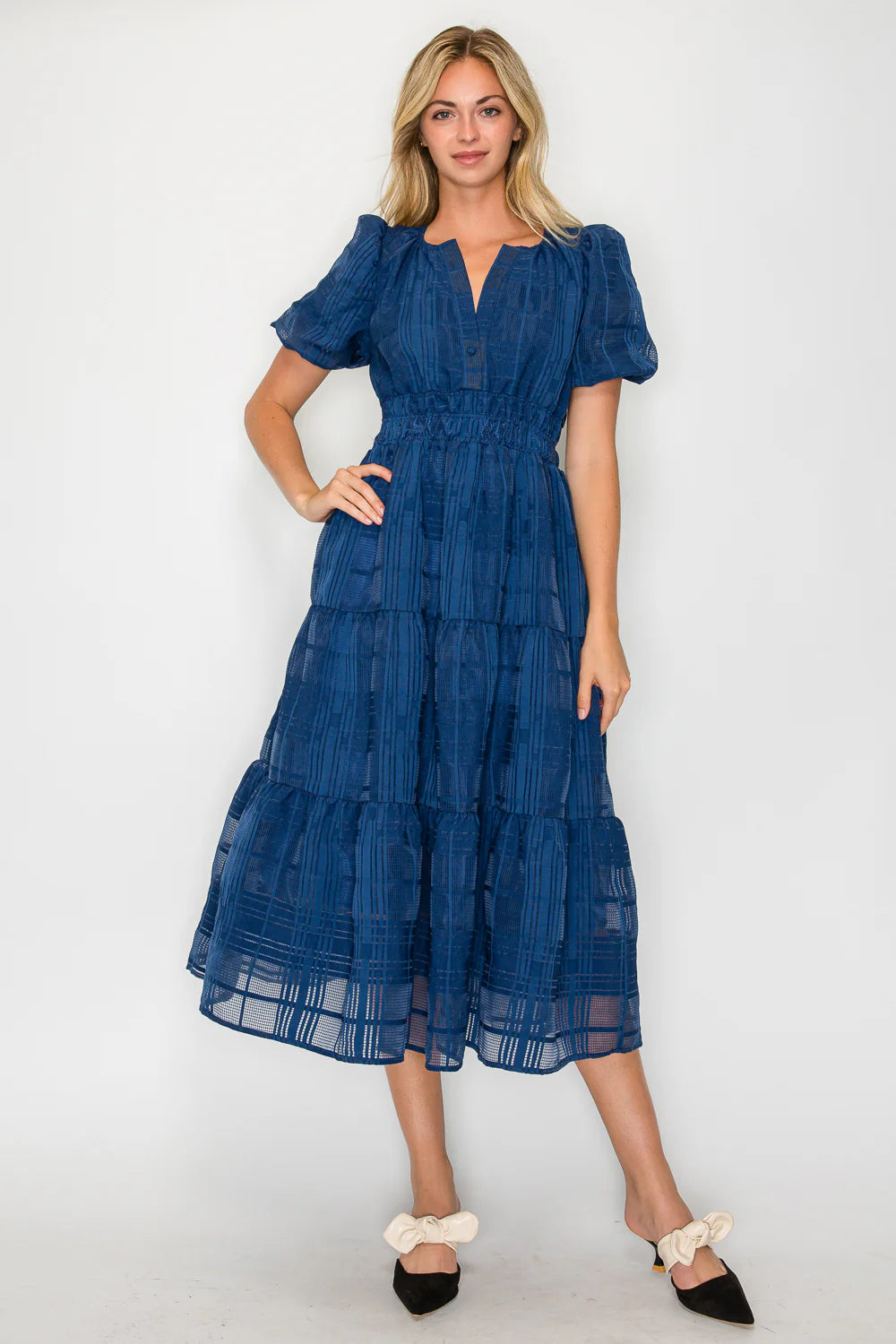 Navy Windowpane Midi Length Dress