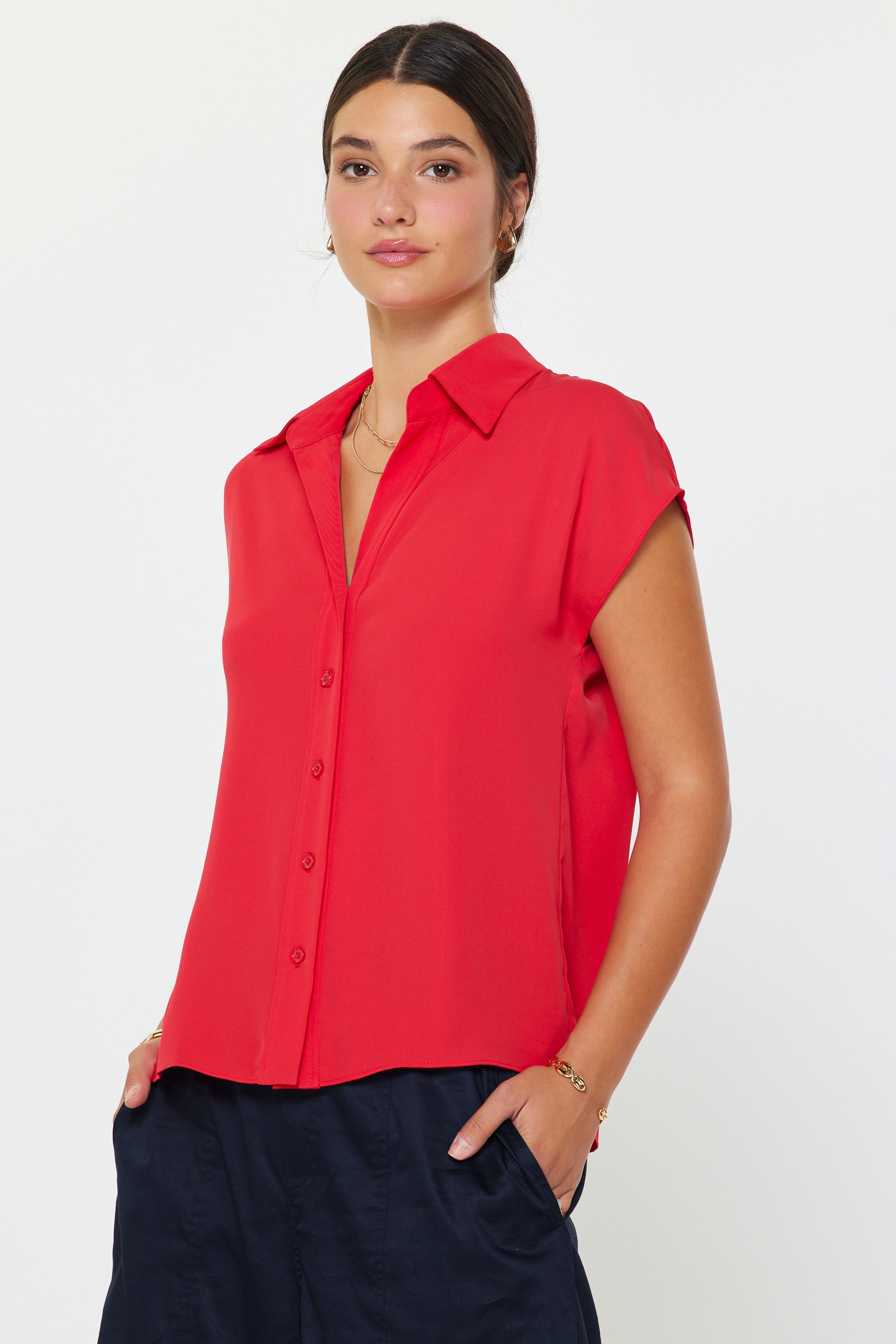 Red Short Sleeve Work Blouse