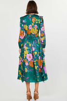 green floral dress, maxi length, with v neckline