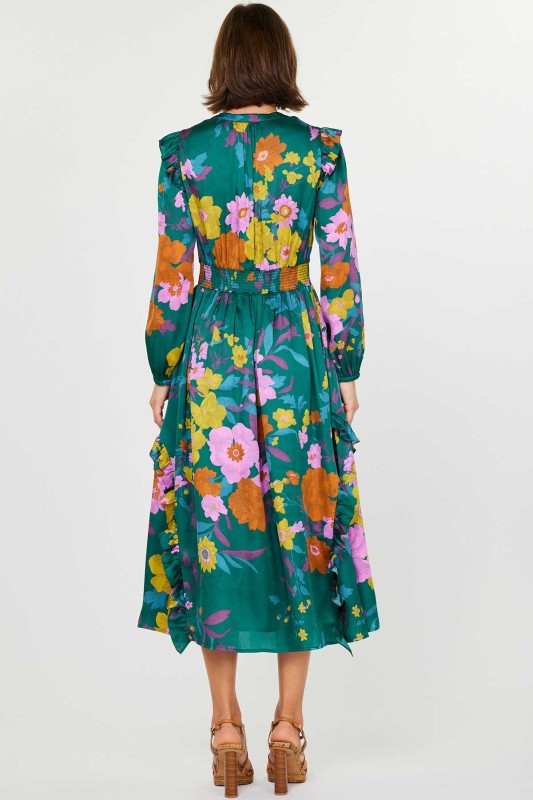 green floral dress, maxi length, with v neckline