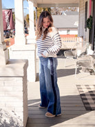 high rise denim with dark line down side