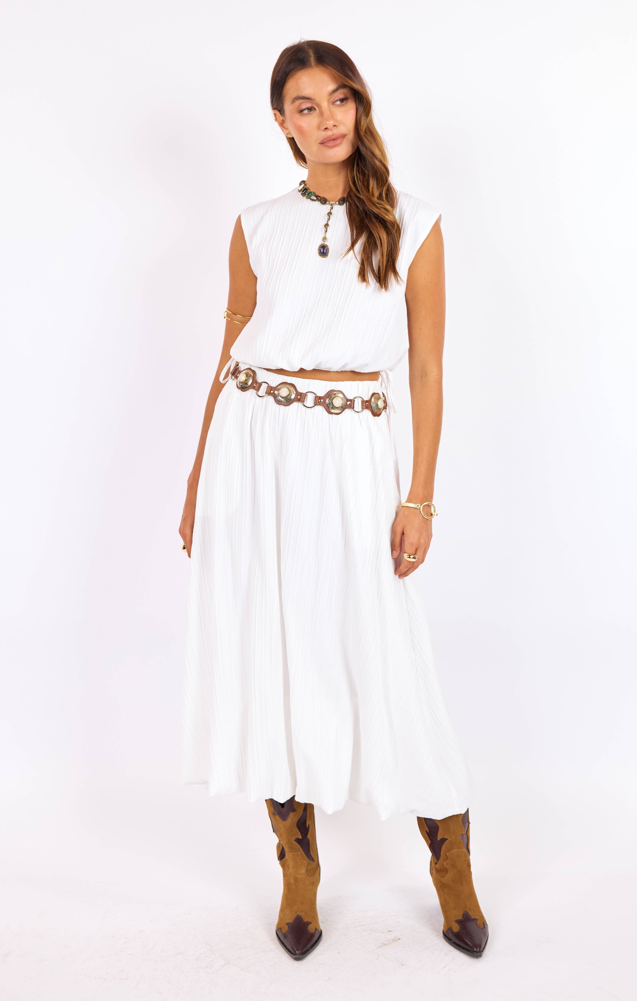 White Midi Length Bubble Skirt