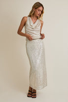 Sequin Champagne Sleeveless Top with Cowl Neckline
