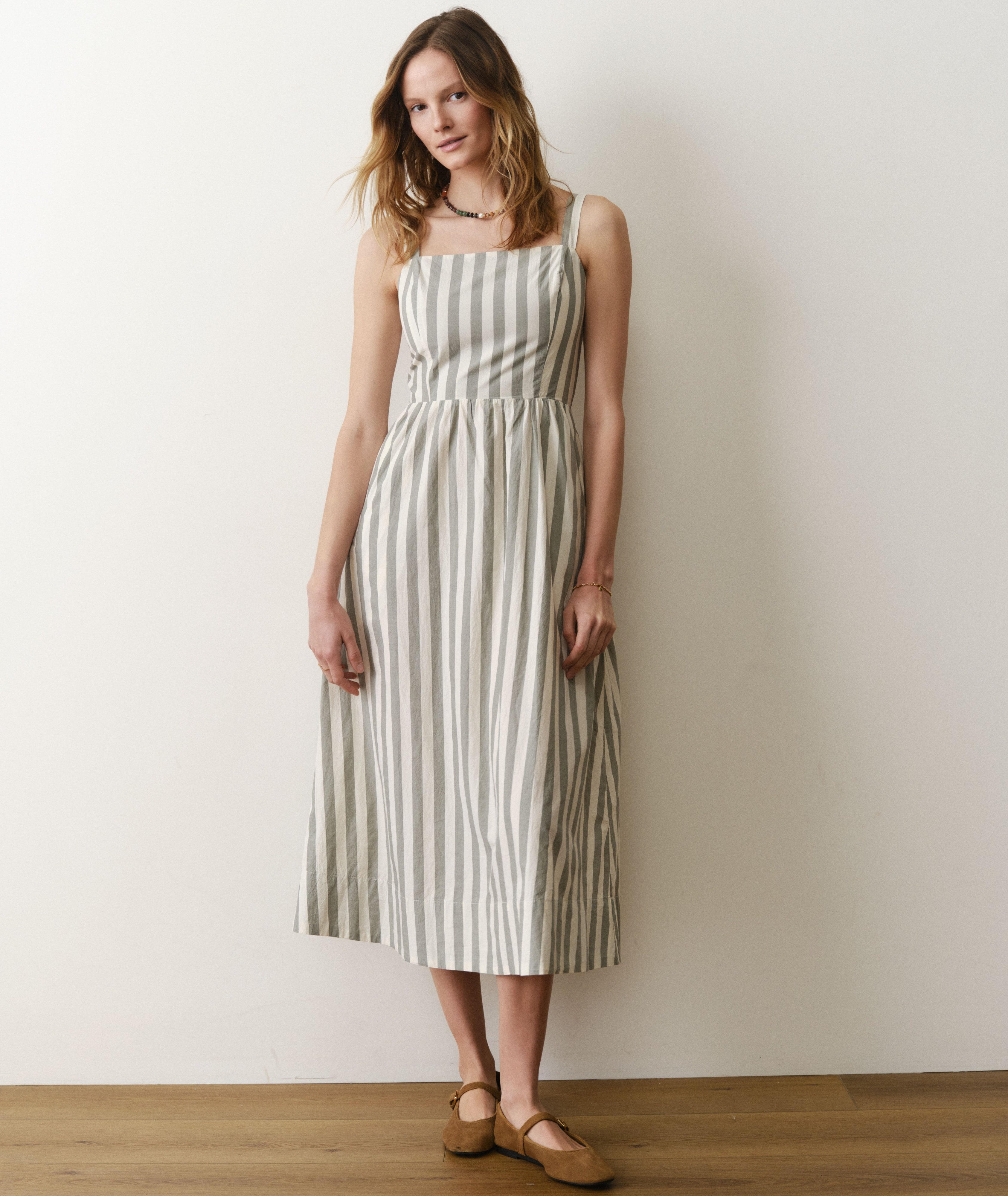 Green Striped Fitted & Flared Midi Dress