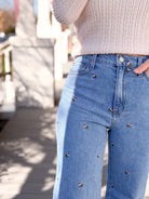 Embroidered Floral High Rise Wide Leg Jeans