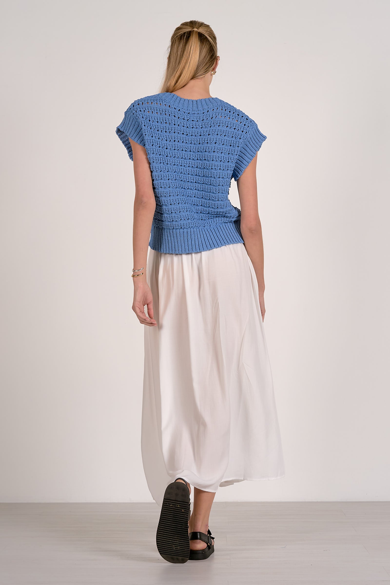 Blue Crochet Short Sleeve Sweater Top