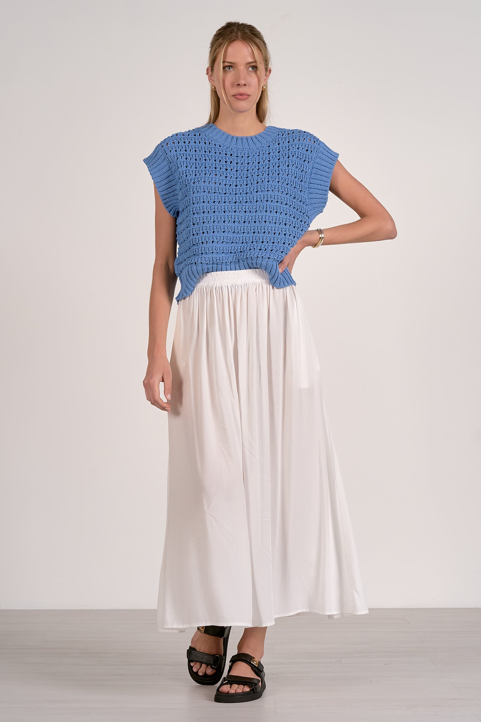 Blue Crochet Short Sleeve Sweater Top