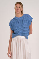 Blue Crochet Short Sleeve Sweater Top