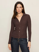 Knitted and Textured Long Sleeve Button Front Brown Top