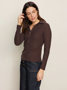 Knitted and Textured Long Sleeve Button Front Brown Top