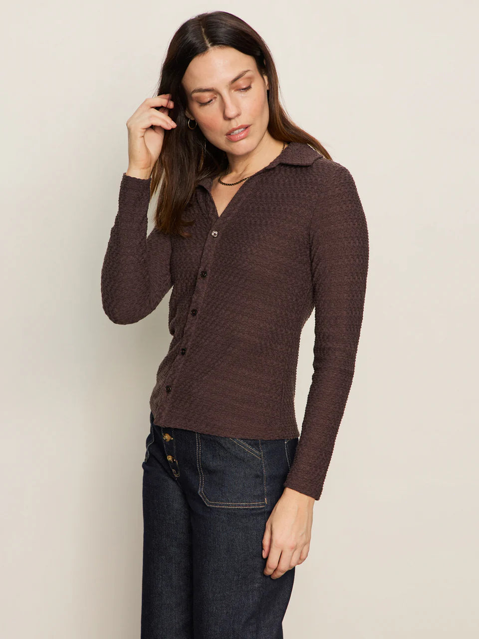 Knitted and Textured Long Sleeve Button Front Brown Top