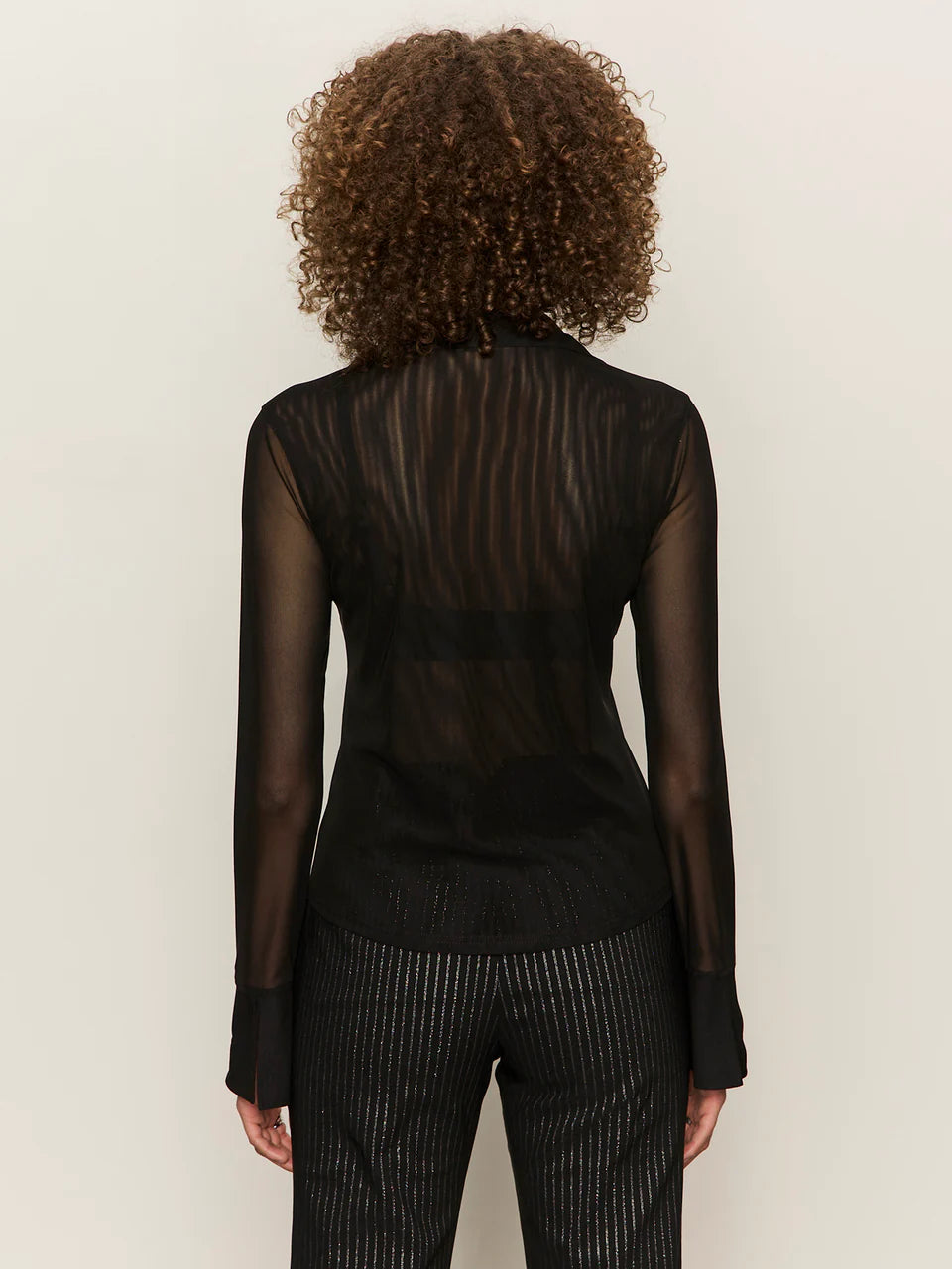 Black Long Sleeve Mesh Ruffled Top