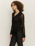 Black Long Sleeve Mesh Ruffled Top