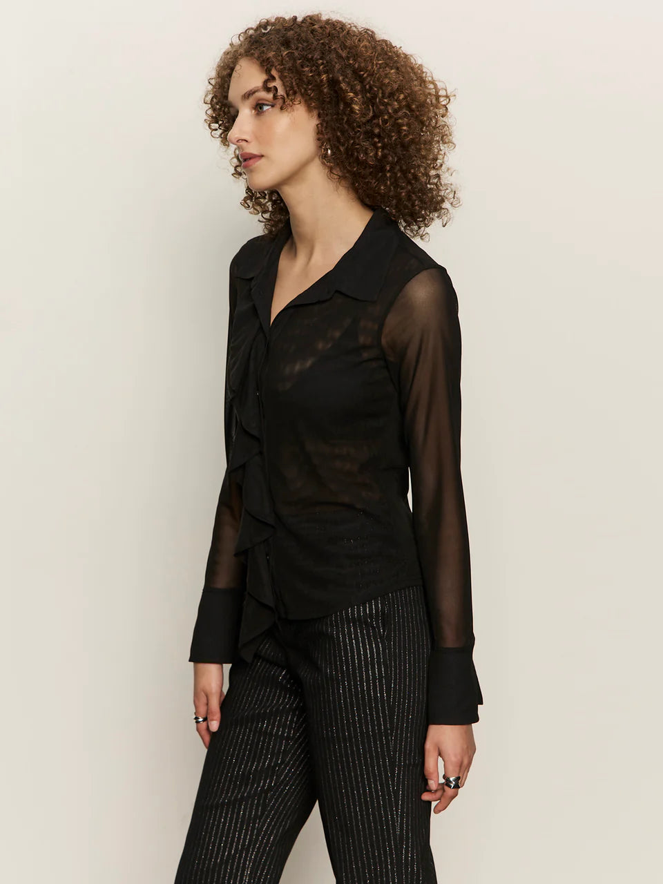 Black Long Sleeve Mesh Ruffled Top