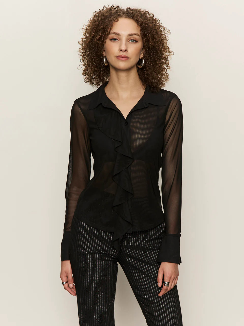 Black Long Sleeve Mesh Ruffled Top