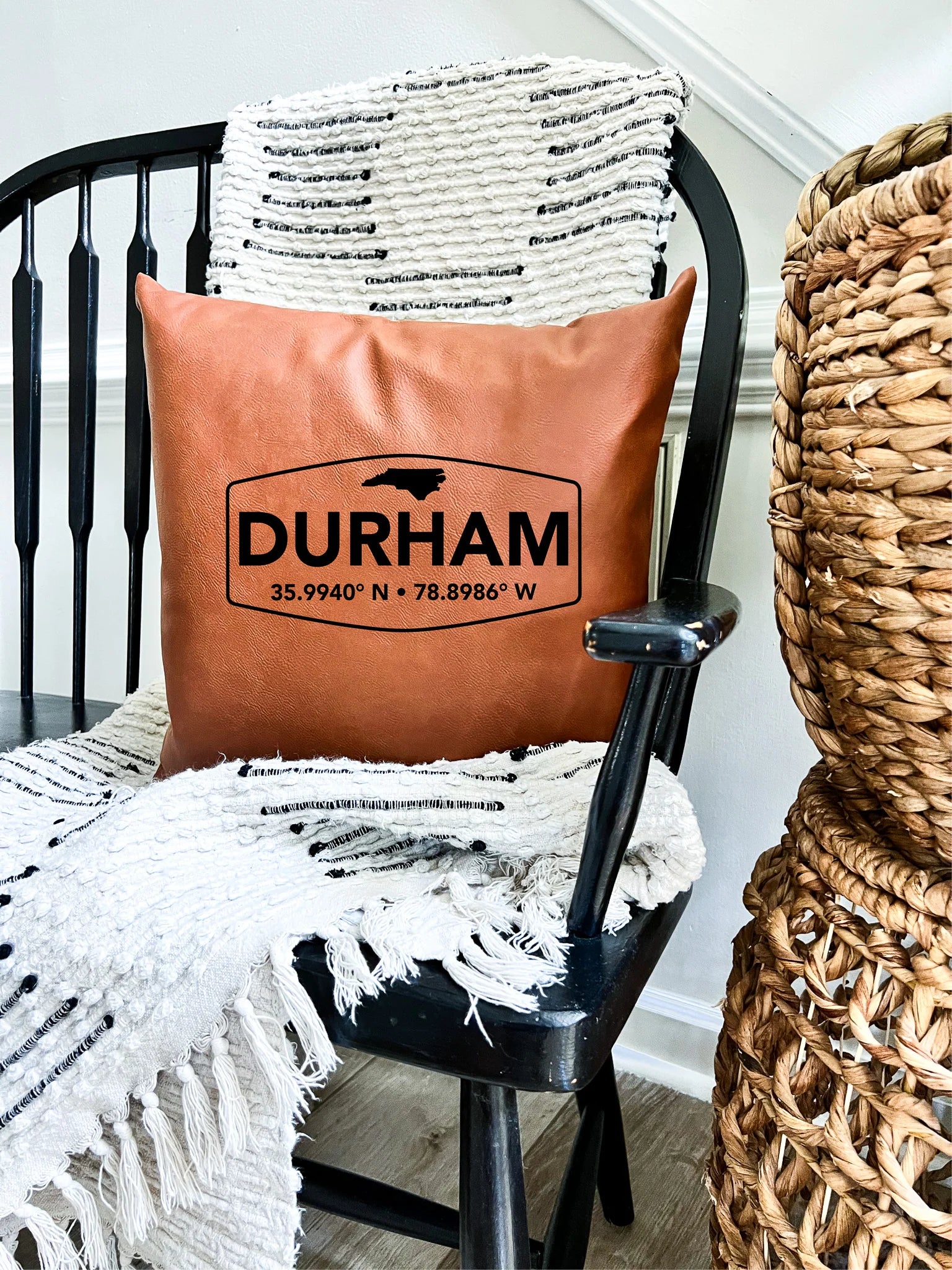 Durham NC Coordinates Leather Pillow