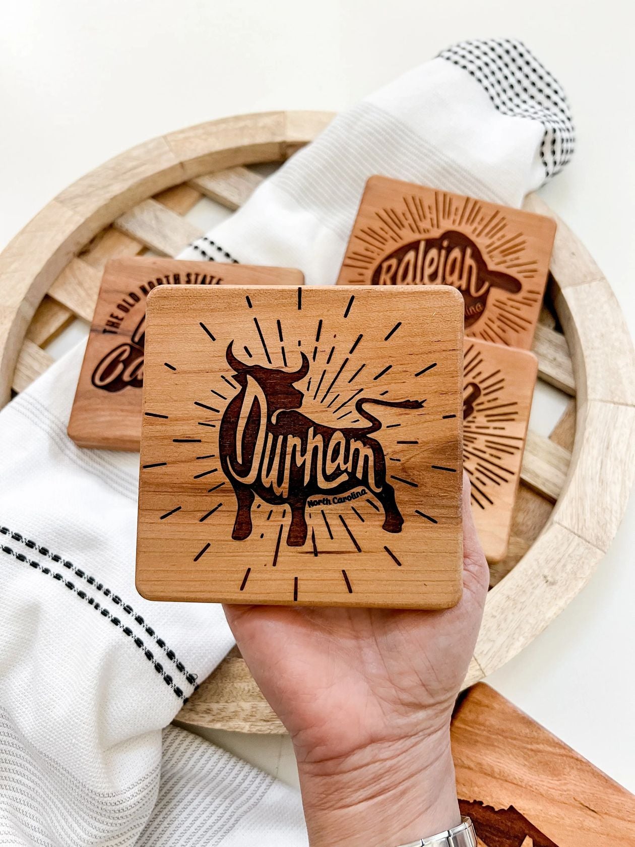 Rose & Lee Co Durham, NC Engraved Wood Coaster Home & Gifts