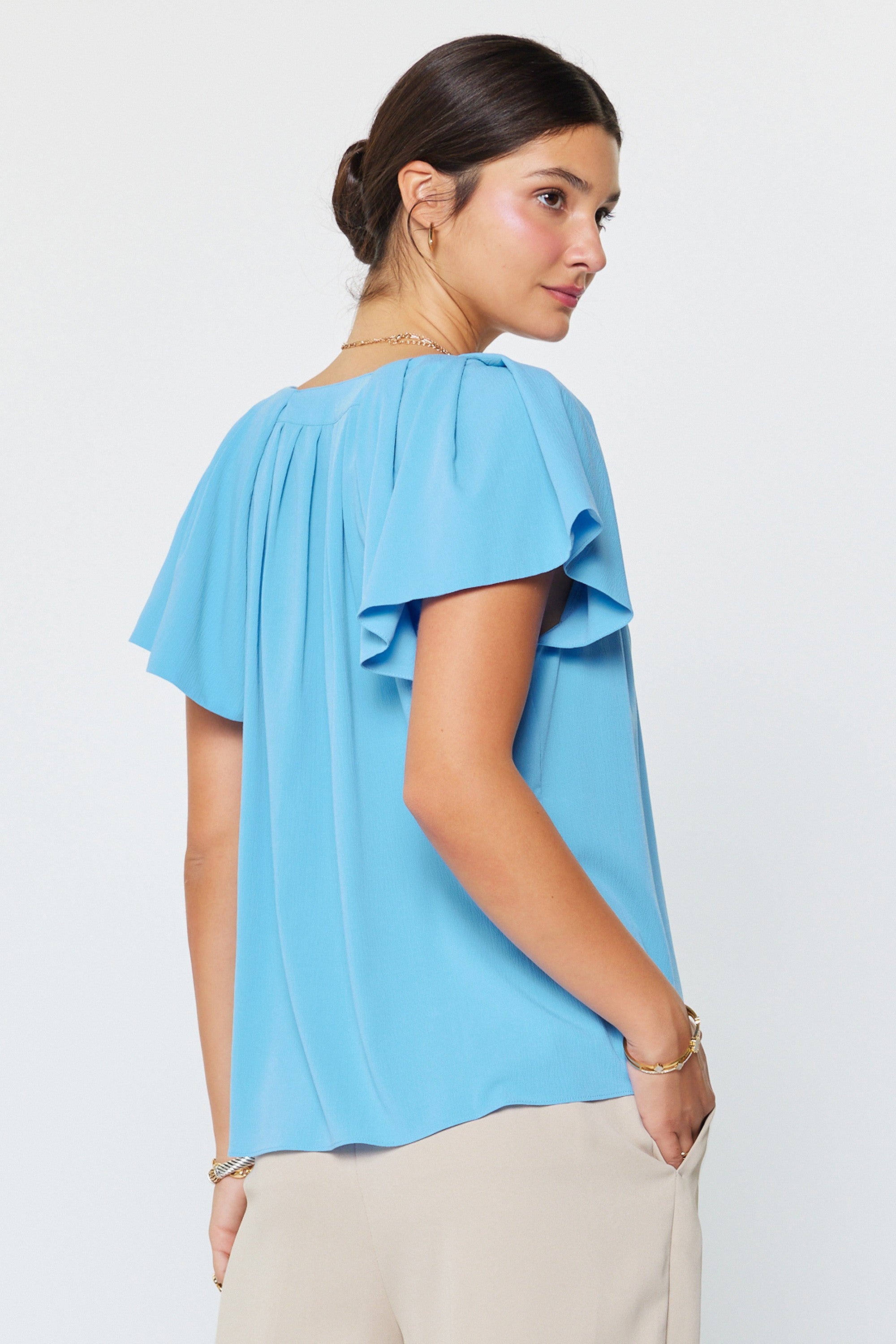 Blue Flutter Short Sleeve Blouse