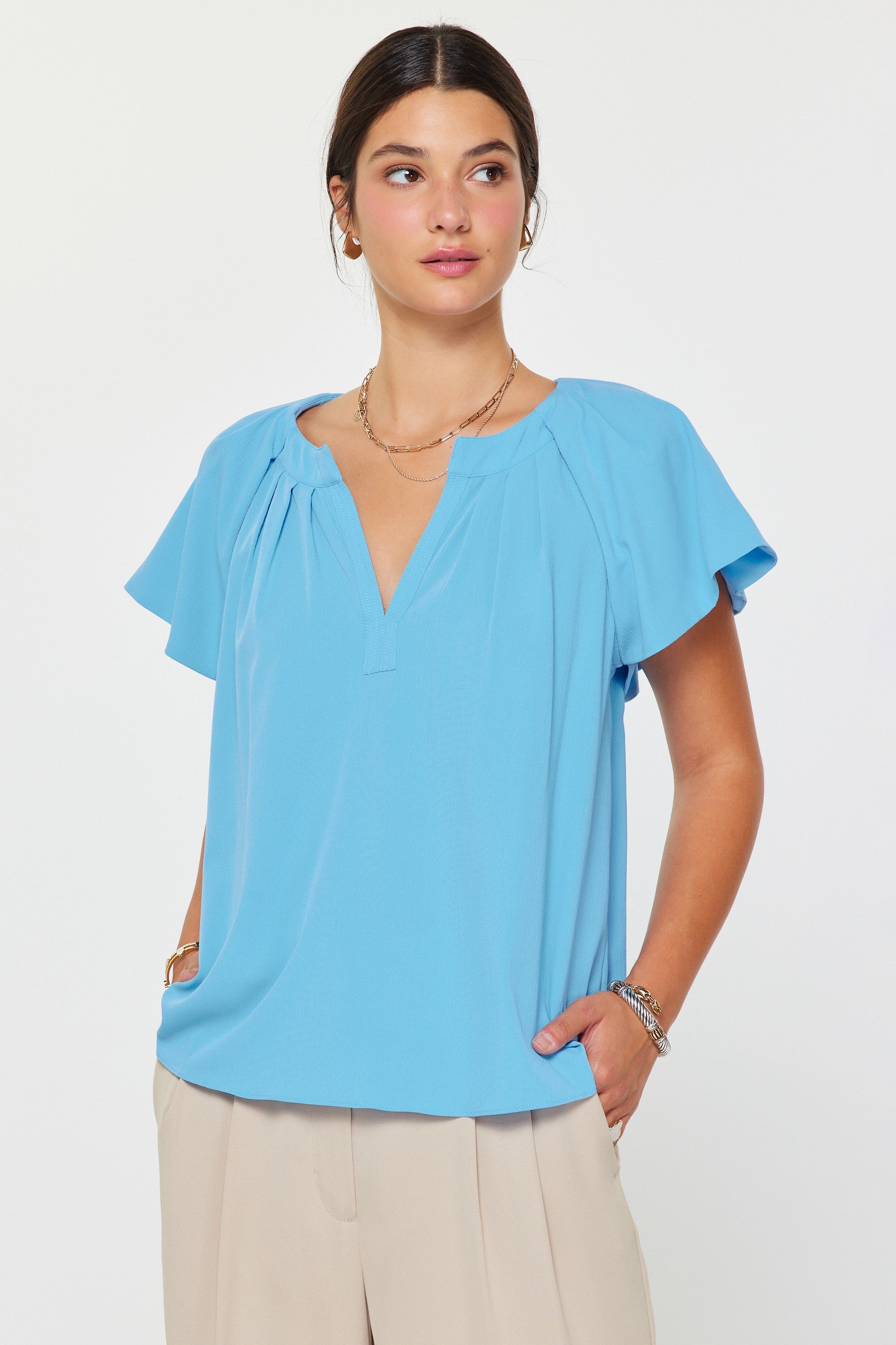 Blue Flutter Short Sleeve Blouse