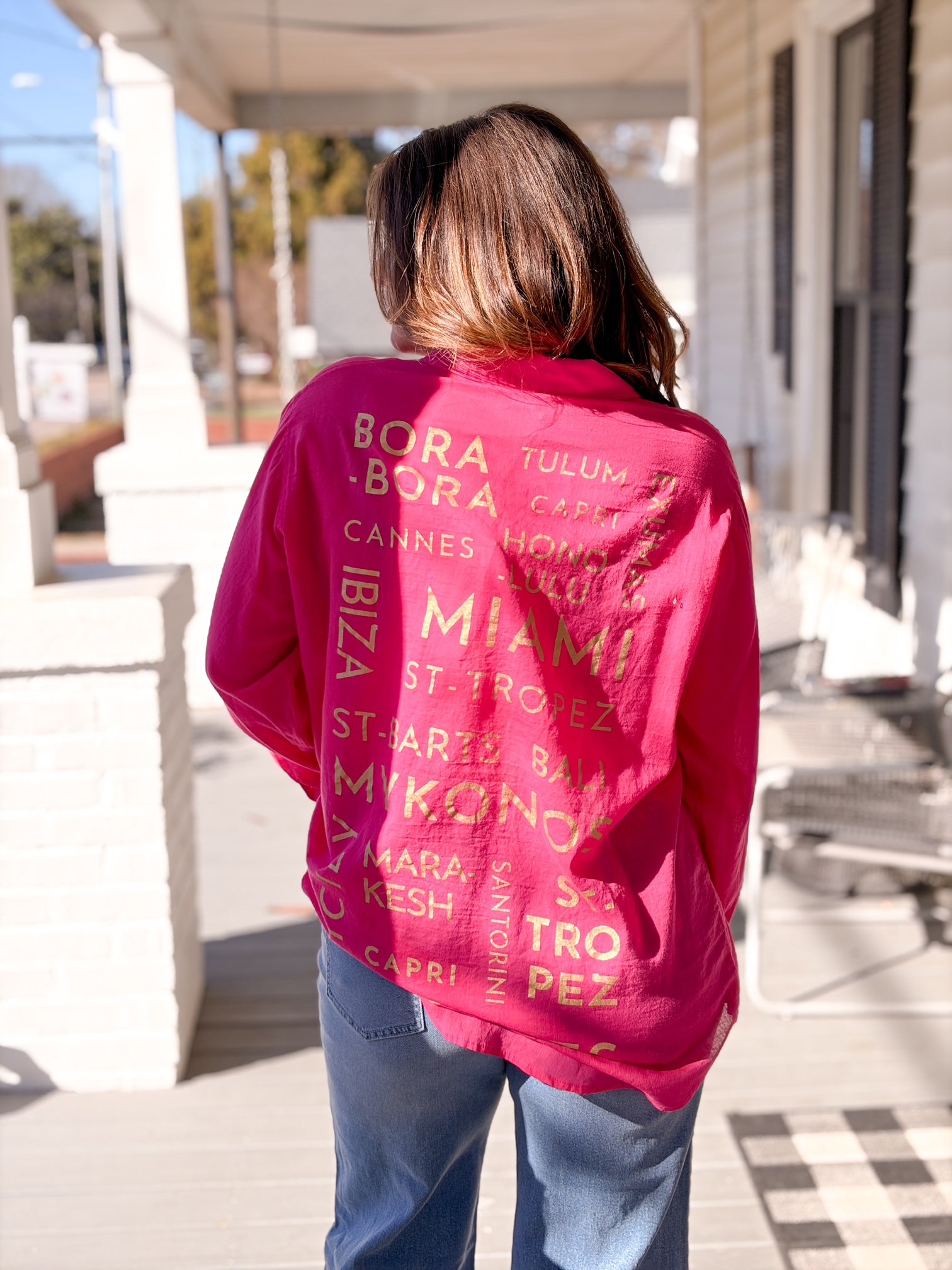 Hot Pink Lightweight Top with Gold Writing on the Back