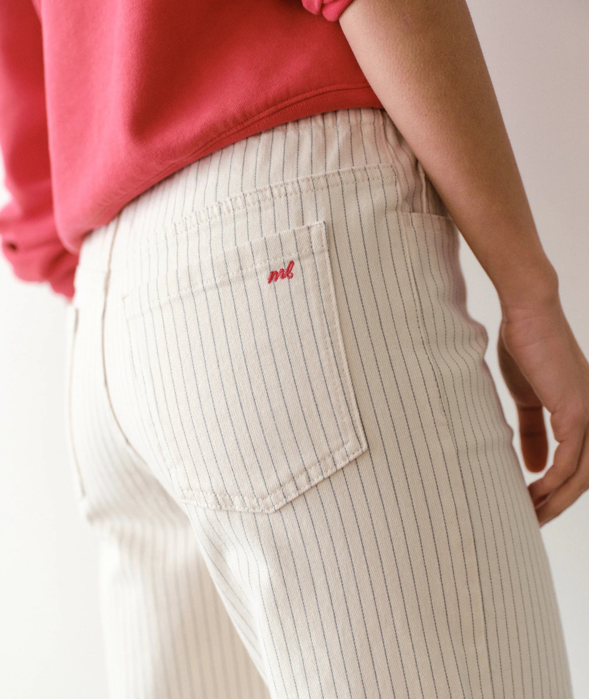 wide leg pant, elastic waist, ivory with pin stripe