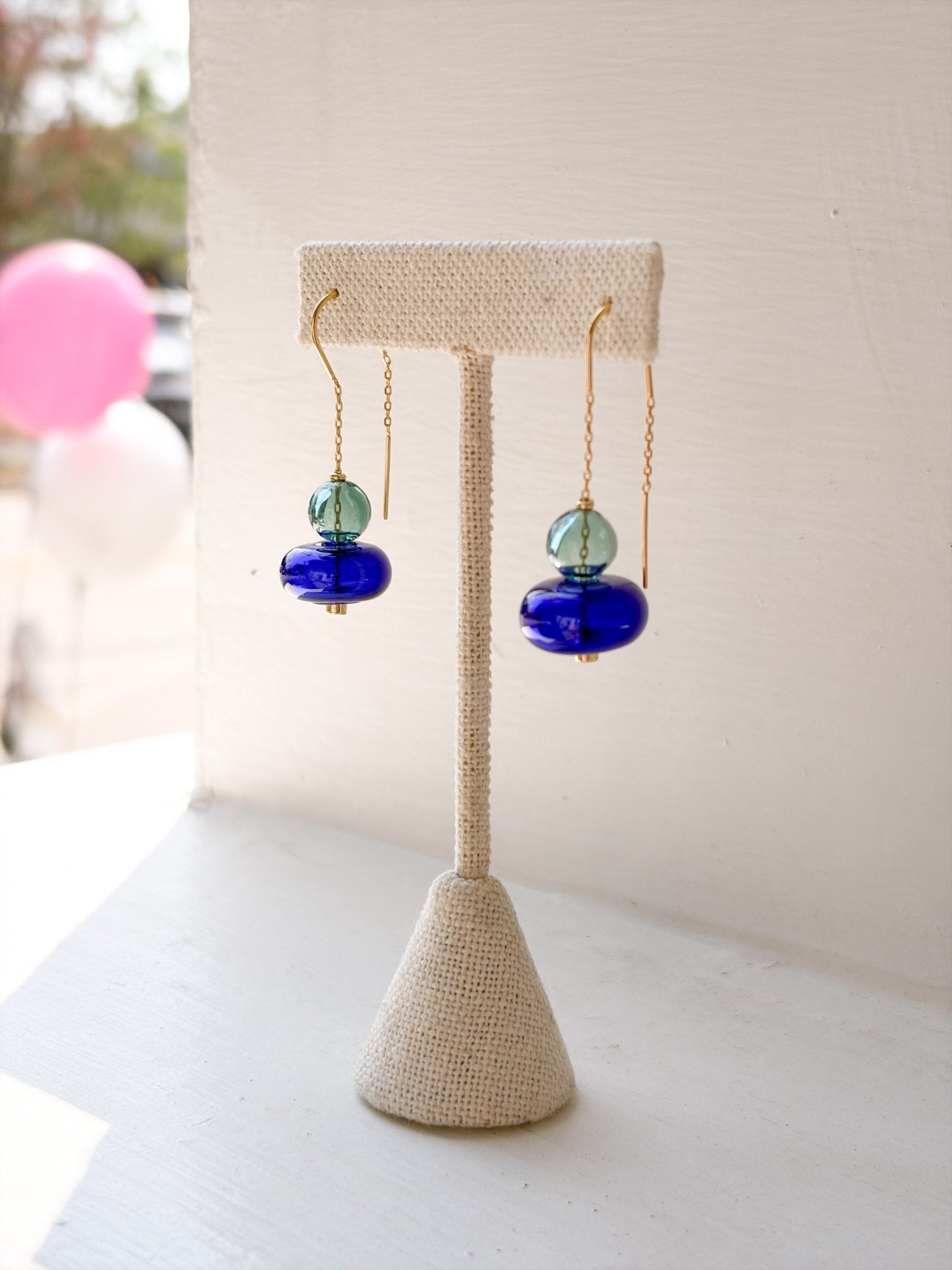 Rose & Lee Co Refined Glass Stacked Threader Earrings, Teal/Blue/Gold Earrings